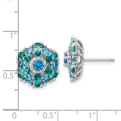 Sterling Silver Rh-pltd Blue/Green Nano Crystal and CZ Floral Post Earrings