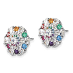 Sterling Silver Rh-pltd Rainbow Nano Crystal and Clear CZ Post Earrings