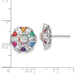 Sterling Silver Rh-pltd Rainbow Nano Crystal and Clear CZ Post Earrings