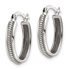 Sterling Silver Polished and Antiqued Striped 4mm Oval Hoop Earrings