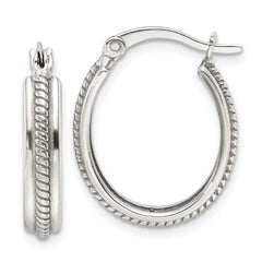 Sterling Silver Polished and Antiqued Striped 4mm Oval Hoop Earrings