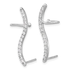 Sterling Silver Rhod-plated Polished Curved CZ Ear Cuff and Post Earrings