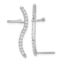 Sterling Silver Rhod-plated Polished Curved CZ Ear Cuff and Post Earrings