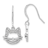 Sterling Silver Rhodium-plated CZ Cat Head Dangle Earrings