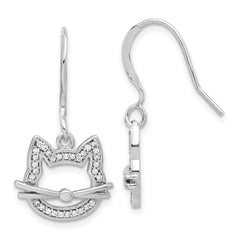 Sterling Silver Rhodium-plated CZ Cat Head Dangle Earrings