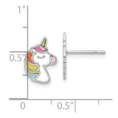 Sterling Silver Rhodium-plated Polished Enameled Unicorn Post Earrings