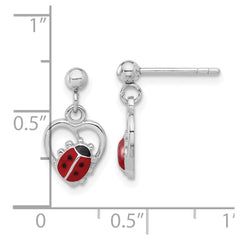 Sterling Silver Rh-plated Enameled Ladybug in Heart Post Dangle Earrings