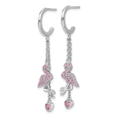 Sterling Silver Rhodium-plated Pink CZ Flamingo Heart Post Hoop Earrings