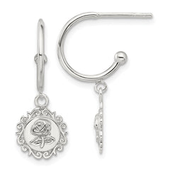 Sterling Silver E-coated Rose Dangle Post Hoop Earrings - 2