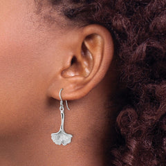 Sterling Silver Rhod-Plated Polished Grooved Ginkgo Leaf Dangle Earrings