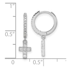 Sterling Silver RH-plated Polished CZ Cross Dangle Round Hoop Earrings