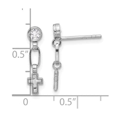 Sterling Silver RH-plated Polished & Textured CZ Cross Post Dangle Earrings