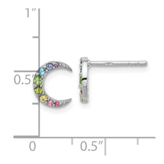 Sterling Silver Rhod-plated Rainbow Crystal Moon Children's Post Earrings