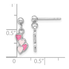 Sterling Silver Rhodium-plated Pink Enameled Hearts Children's Post Dangle Earrings