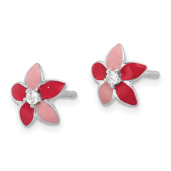 Sterling Silver RH-plated Pink Enamel & CZ Flower Children's Post Earrings