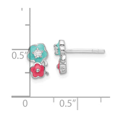 Sterling Silver RH-plated CZ & Enamel Flowers Children's Post Earrings