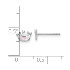Sterling Silver RH-plated Pink Enamel Heart Crown Children's Post Earrings