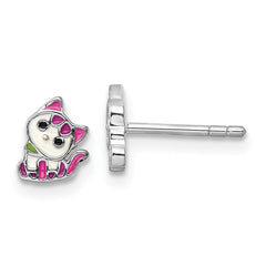 Sterling Silver Rhodium-plated Multicolor Enameled Kitty Children's Post Earring