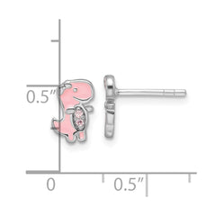 Sterling Silver RH-pltd Pink CZ & Enamel Dinosaur Children's Post Earrings
