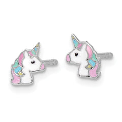 Sterling Silver Rhodium-plated Enameled Unicorn Children's Post Earrings