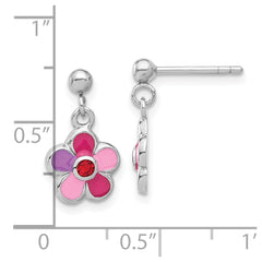 Sterling Silver Rhodium-plated Polished & Multi-color Enameled Red Crystal Flower Children's Post Dangle Earrings