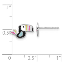 Sterling Silver Rhodium-plated Polished Multi-color Enameled Toucan Bird Children's Post Earrings