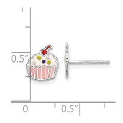 Sterling Silver Rhodium-plated Polished Multi-color Enamel Cupcake Children's Post Earrings