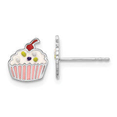 Sterling Silver Rhodium-plated Polished Multi-color Enamel Cupcake Children's Post Earrings