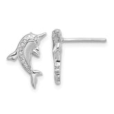 Sterling Silver Rhodium-plated Polished CZ Dolphin Post Earrings