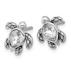 Sterling Silver Rhodium-plated Polished and Antiqued White Crystal April Birthstone Turtle Earrings