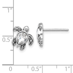 Sterling Silver Rhodium-plated Polished and Antiqued White Crystal April Birthstone Turtle Earrings