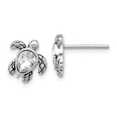 Sterling Silver Rhodium-plated Polished and Antiqued White Crystal April Birthstone Turtle Earrings