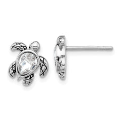 Sterling Silver Rhodium-plated Polished and Antiqued White Crystal April Birthstone Turtle Earrings