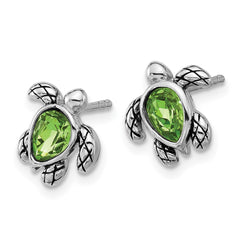 Sterling Silver Rhodium-plated Polished and Antiqued Green Crystal August Birthstone Turtle Earrings