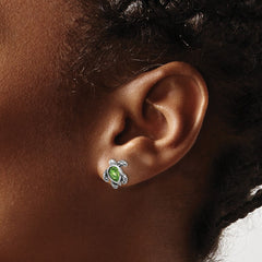 Sterling Silver Rhodium-plated Polished and Antiqued Green Crystal August Birthstone Turtle Earrings