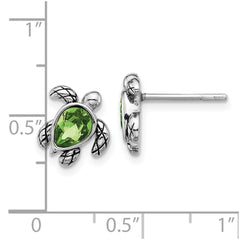 Sterling Silver Rhodium-plated Polished and Antiqued Green Crystal August Birthstone Turtle Earrings