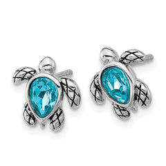 Sterling Silver Rhodium-plated Polished and Antiqued Blue Crystal December Birthstone Turtle Earrings