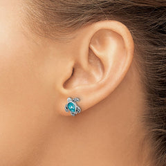 Sterling Silver Rhodium-plated Polished and Antiqued Blue Crystal December Birthstone Turtle Earrings