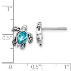 Sterling Silver Rhodium-plated Polished and Antiqued Blue Crystal December Birthstone Turtle Earrings