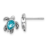Sterling Silver Rhodium-plated Polished and Antiqued Blue Crystal December Birthstone Turtle Earrings