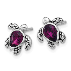 Sterling Silver Rhodium-plated Polished and Antiqued Purple Crystal February Birthstone Turtle Earrings