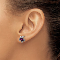 Sterling Silver Rhodium-plated Polished and Antiqued Purple Crystal February Birthstone Turtle Earrings