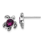 Sterling Silver Rhodium-plated Polished and Antiqued Purple Crystal February Birthstone Turtle Earrings