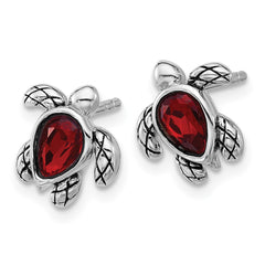 Sterling Silver Rhodium-plated Polished and Antiqued Red Crystal January Birthstone Turtle Earrings