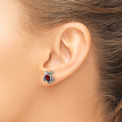 Sterling Silver Rhodium-plated Polished and Antiqued Red Crystal January Birthstone Turtle Earrings