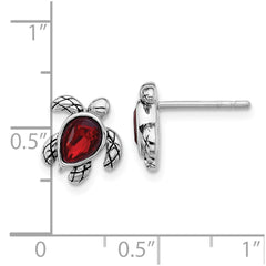Sterling Silver Rhodium-plated Polished and Antiqued Red Crystal January Birthstone Turtle Earrings