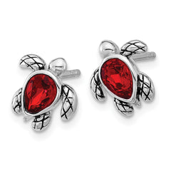 Sterling Silver Rhodium-plated Polished and Antiqued Red Crystal July Birthstone Turtle Earrings