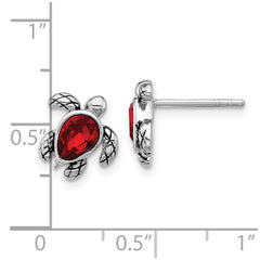 Sterling Silver Rhodium-plated Polished and Antiqued Red Crystal July Birthstone Turtle Earrings