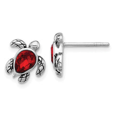 Sterling Silver Rhodium-plated Polished and Antiqued Red Crystal July Birthstone Turtle Earrings