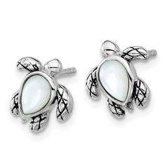 Sterling Silver Rhodium-plated Polished and Antiqued Mother of Pearl June Birthstone Turtle Earrings